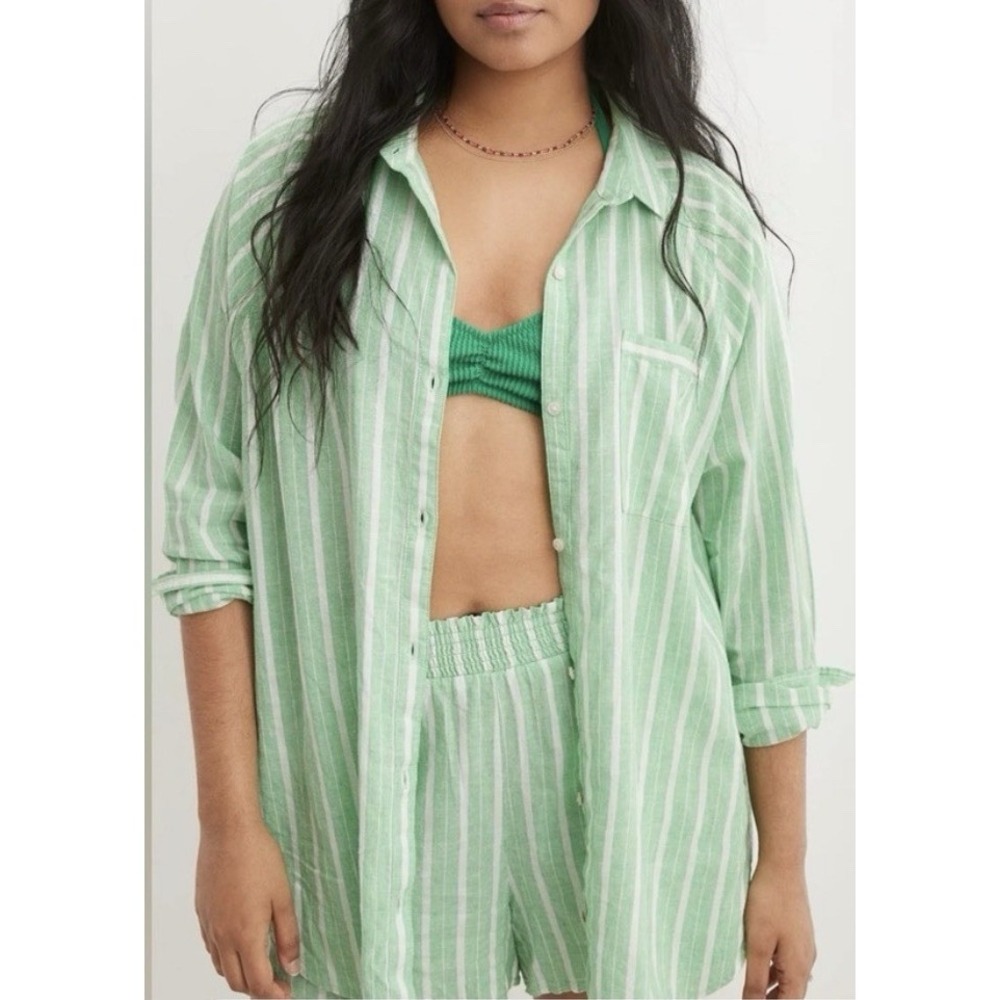 Aerie Pool-To-Party Women Shirt Size XL Linen Blend Green Stripe Oversized